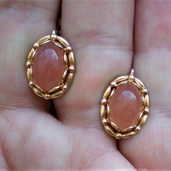 Vintage Russian Soviet USSR 14K 583 Rose Pink Gold Rose Pink Chalcedony Earrings - Picture 7 of 7